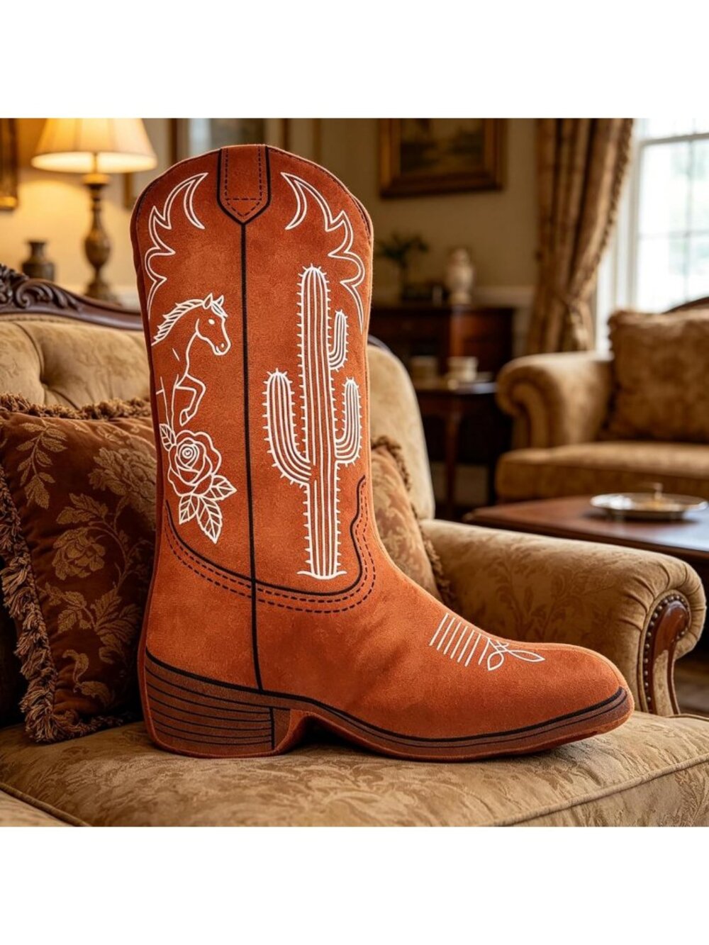 Rodeo-Inspired Cowboy Boot Throw Pillow with Cactus Rose & Wild Horse Design